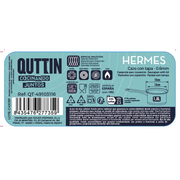 Kannellinen kattila Quttin Hermes 1,8 L Teräs (8 osaa)