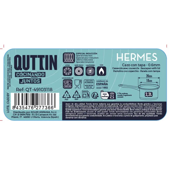 Saucepan with Lid Quttin Hermes 2,2 L Steel (8 Units)