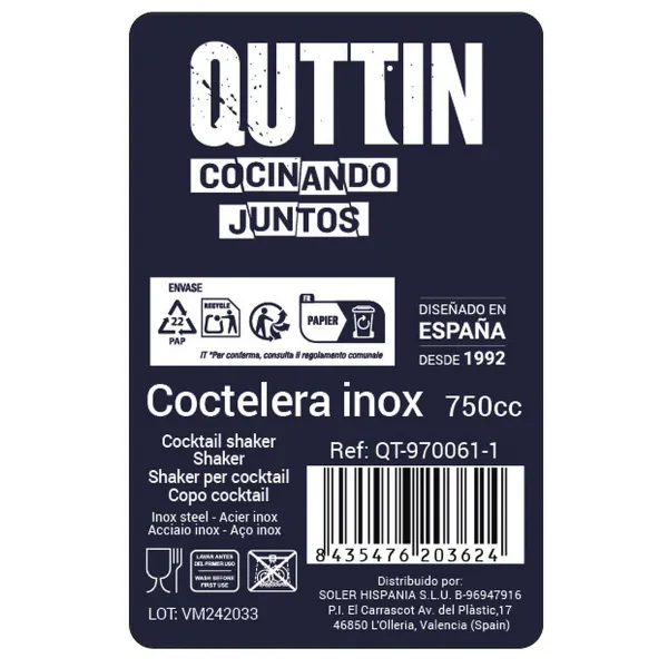Kokteiļu Gatavotājs Quttin Nerūsējošais tērauds 750 ml ø 9,2 x 25,6 cm (12 gb.)