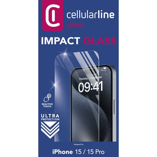 Cellularline Impact Glass - Toughened protective glass for iPhone 15 / iPhone 15 Pro