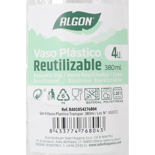 Lasisetti Algon Muovinen 380 ml 4 Kappaletta (24 osaa)