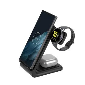 Crong PowerSpot Pivot Stand - 3-in-1 Wireless Charger for iPhone, Samsung & Android, Galaxy Watch and TWS Headphones (Black)
