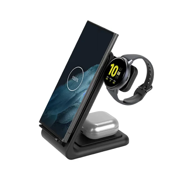Crong PowerSpot Pivot Stand - 3-in-1 Wireless Charger for iPhone, Samsung & Android, Galaxy Watch and TWS Headphones (Black)