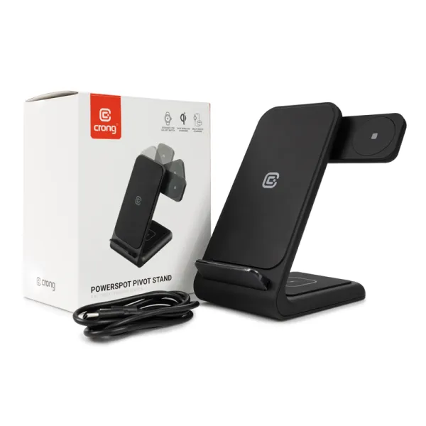 Crong PowerSpot Pivot Stand - 3-in-1 Wireless Charger for iPhone, Samsung & Android, Galaxy Watch and TWS Headphones (Black)