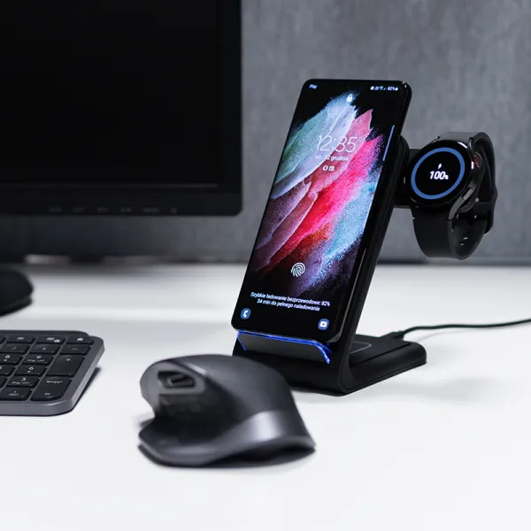 Crong PowerSpot Pivot Stand - 3-in-1 Wireless Charger for iPhone, Samsung & Android, Galaxy Watch and TWS Headphones (Black)