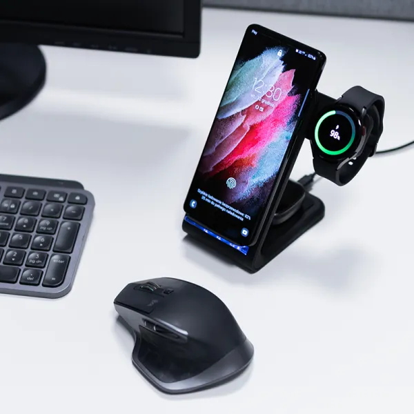 Crong PowerSpot Pivot Stand - 3-in-1 Wireless Charger for iPhone, Samsung & Android, Galaxy Watch and TWS Headphones (Black)