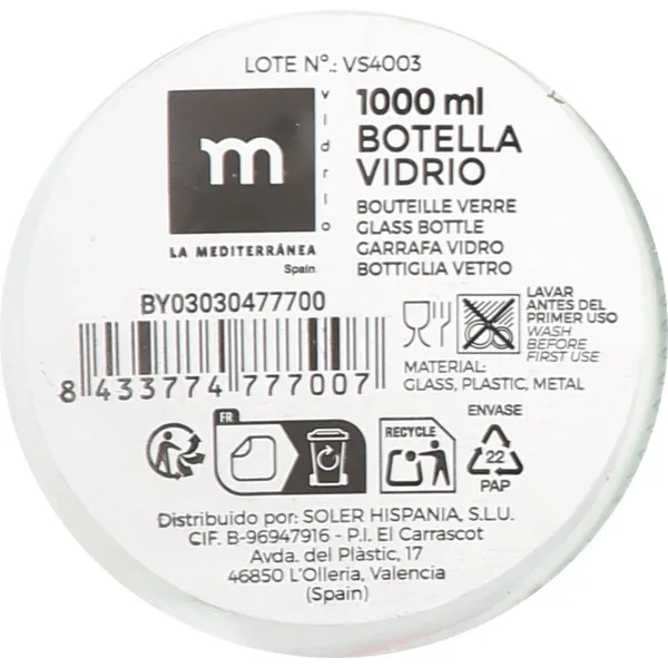 Стеклянная бутылка La Mediterránea 1 L (12 штук)