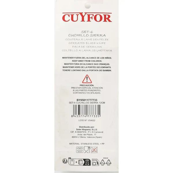 Meat Knife Set Cuyfor Black Silver 12 cm 6 Pieces (24 Units)
