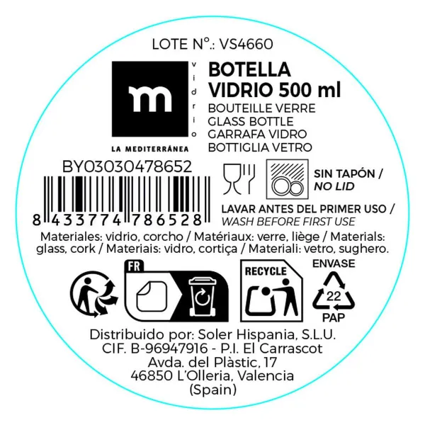 Стеклянная бутылка La Mediterránea Kорка Cтекло 500 ml (24 штук)