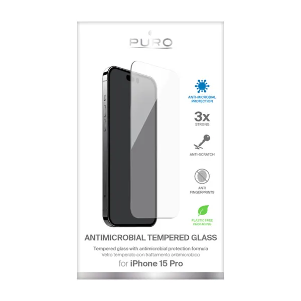 PURO Anti-Bacterial Tempered Glass - Tempered protective glass with antimicrobial protection for iPhone 15 Pro
