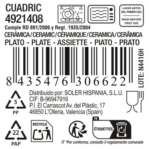 Flat Plate La Mediterránea Cuadric Ceramic Ø 21 cm (12 Units)