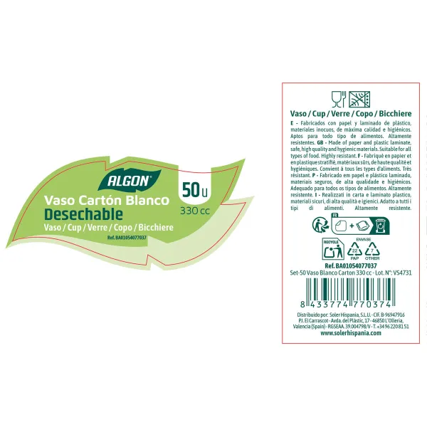 Lasisetti Algon Valkoinen Kartonki 330 ml 50 Kappaletta (18 osaa)