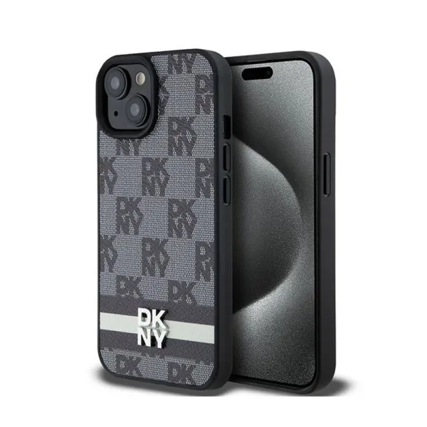 DKNY Leather Checkered Mono Pattern & Printed Stripes - Case for iPhone 15 / 14 / 13 (black)