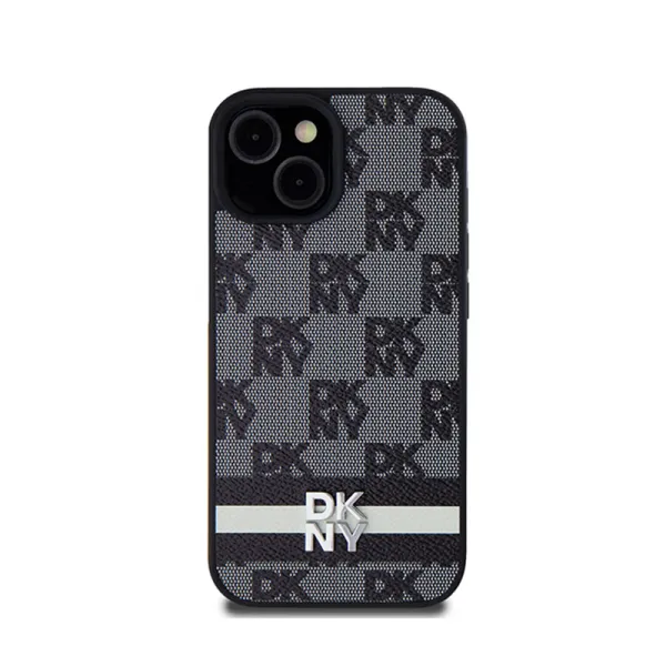 DKNY Leather Checkered Mono Pattern & Printed Stripes - Case for iPhone 15 / 14 / 13 (black)