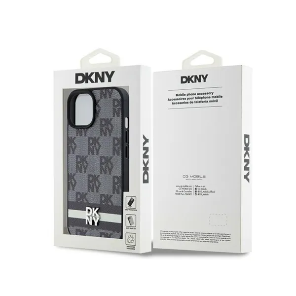 DKNY Leather Checkered Mono Pattern & Printed Stripes - Case for iPhone 15 / 14 / 13 (black)