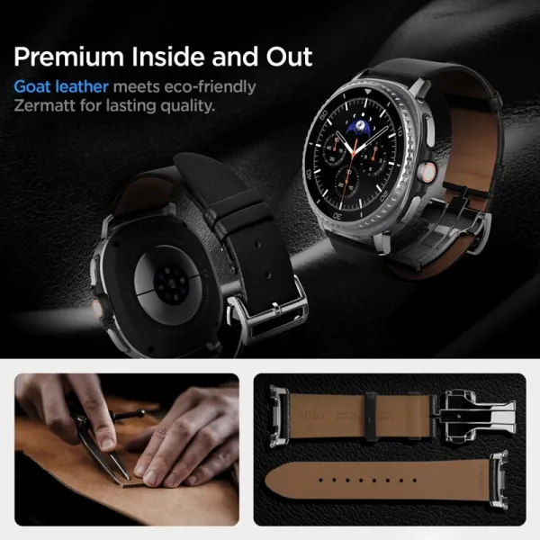 Spigen Enzo - Genuine Leather Strap for Samsung Galaxy Watch 8 / 8 Classic 40 / 44 / 46 mm (Black)