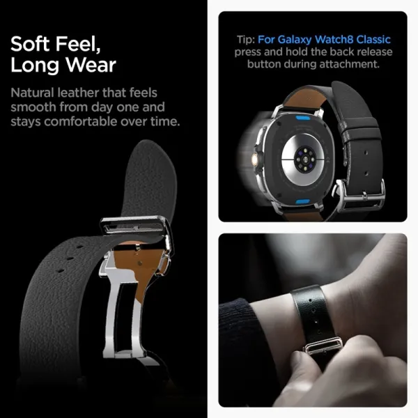 Spigen Enzo - Genuine Leather Strap for Samsung Galaxy Watch 8 / 8 Classic 40 / 44 / 46 mm (Black)