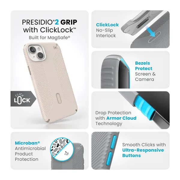 Speck Presidio2 Grip ClickLock & Magsafe - iPhone 15 Plus / iPhone 14 Plus Case (Bleached Bone / Heirloom Gold / Hazel Brown)
