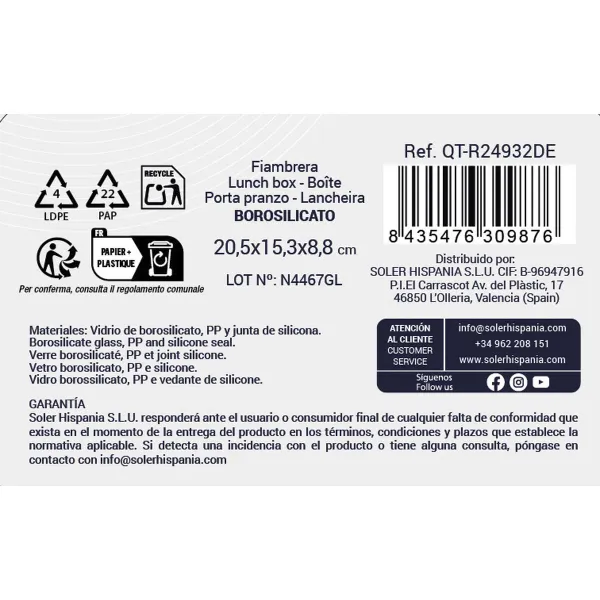 Pusdienu kastīte Quttin Zils Caurspīdīgs Taisnstūra 1,3 L (6 gb.)