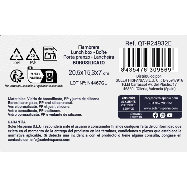Pusdienu kastīte Quttin Zils Caurspīdīgs Taisnstūra 1L (6 gb.)