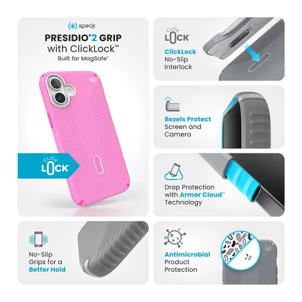 Speck Presidio2 Grip ClickLock & MagSafe - iPhone 16 Plus Case (True Pink / Shocking Pink / White)