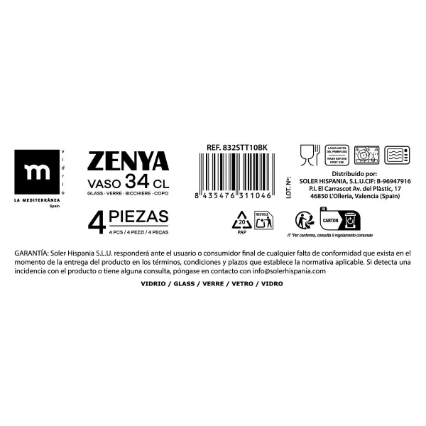 Set of glasses La Mediterránea Zenya Transparent Glass 340 ml 4 Pieces (6 Units)