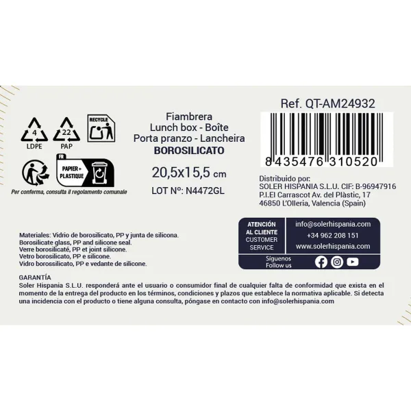 Pusdienu kastīte Quttin Ambare Taisnstūra 1L (6 gb.)