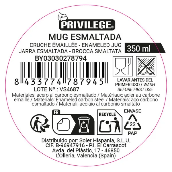 Krūze Privilege PRIVILEGE 350 ml Emaljēts Tērauds (24 gb.)