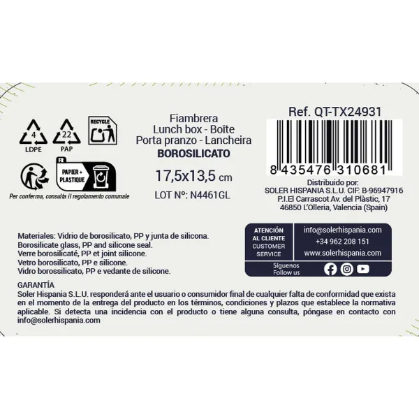 Pusdienu kastīte Quttin Textury Caurspīdīgs Borosilikāta glāze Taisnstūra 600 ml (6 gb.)