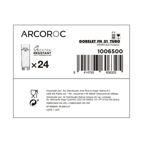 Set of glasses Arcoroc Tubo Transparent Glass 300 ml Tube (24 Units)