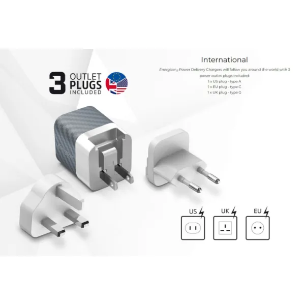 Energizer Ultimate - Multiplug EU / UK / US mains charger GaN 38W PD + QC3.0 (Silver)