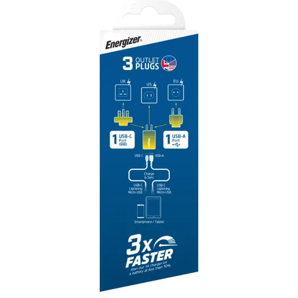 Energizer Ultimate - Multiplug EU / UK / US mains charger GaN 38W PD + QC3.0 (Silver)