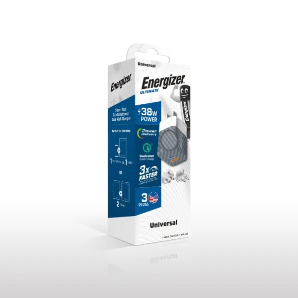 Energizer Ultimate - Multiplug EU / UK / US mains charger GaN 38W PD + QC3.0 (Silver)