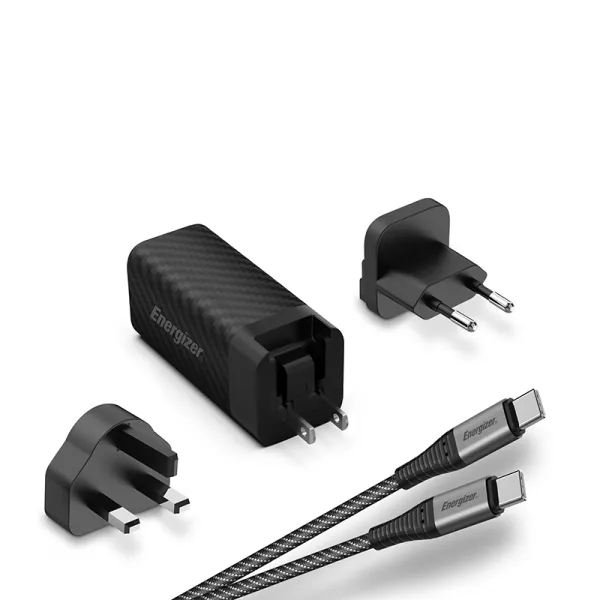 Energizer Ultimate - Multiplug EU / UK / US GaN USB-C & USB-A 65W PD mains charger + USB-C cable (Black)