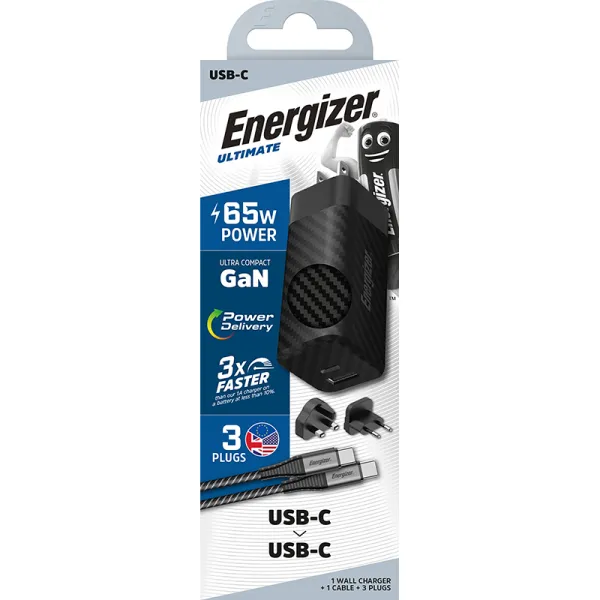 Energizer Ultimate - Multiplug EU / UK / US GaN USB-C & USB-A 65W PD mains charger + USB-C cable (Black)