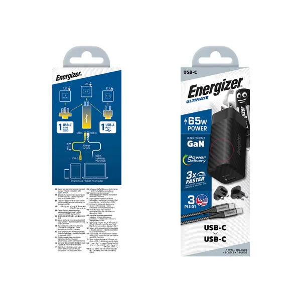 Energizer Ultimate - Multiplug EU / UK / US GaN USB-C & USB-A 65W PD mains charger + USB-C cable (Black)