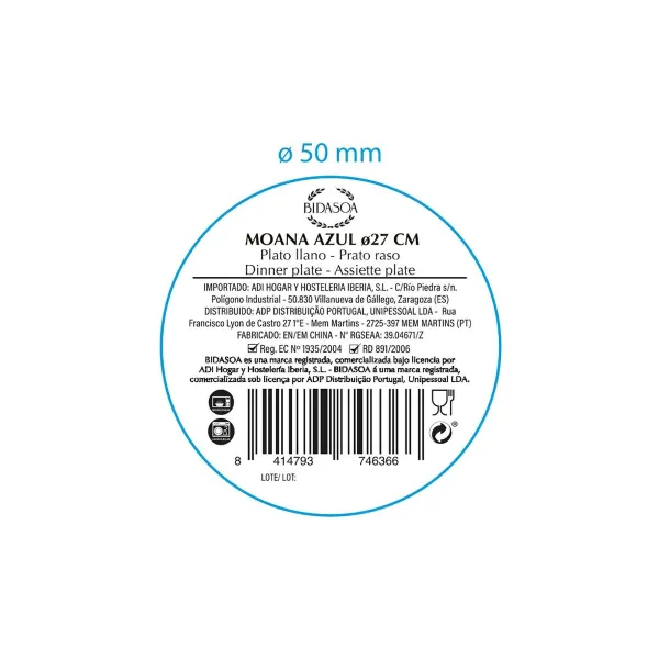 Flat Plate Bidasoa Moana Blue Ceramic Ø 26 cm (12 Units)