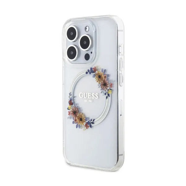 Guess IML Flowers Wreath MagSafe - Case iPhone 15 Pro (Clear)