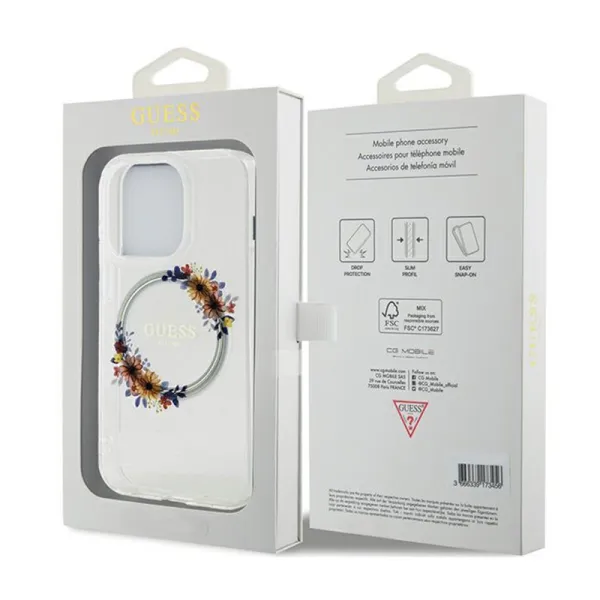 Guess IML Flowers Wreath MagSafe - Case iPhone 15 Pro (Clear)