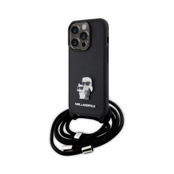 Karl Lagerfeld Crossbody Saffiano Metal Pin Karl & Choupette - Case for iPhone 15 Pro (Black)