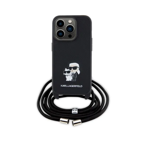 Karl Lagerfeld Crossbody Saffiano Metal Pin Karl & Choupette - Case for iPhone 15 Pro (Black)