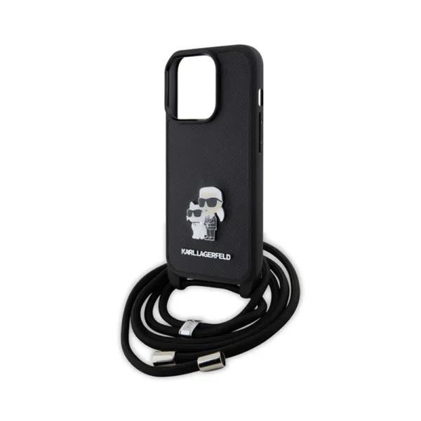 Karl Lagerfeld Crossbody Saffiano Metal Pin Karl & Choupette - Case for iPhone 15 Pro (Black)