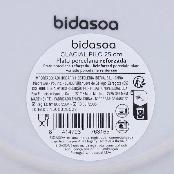 Flat Plate Bidasoa Glacial Filo White Ceramic Ø 25 cm (24 Units)
