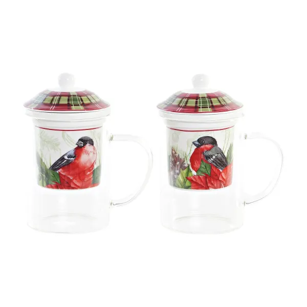 Puodelis su sieteliu DKD Home Decor Paukštis Stiklas Porcelianas Raudona (300 ml) (2 vnt.)