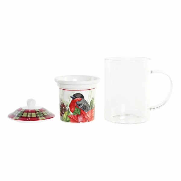 Puodelis su sieteliu DKD Home Decor Paukštis Stiklas Porcelianas Raudona (300 ml) (2 vnt.)