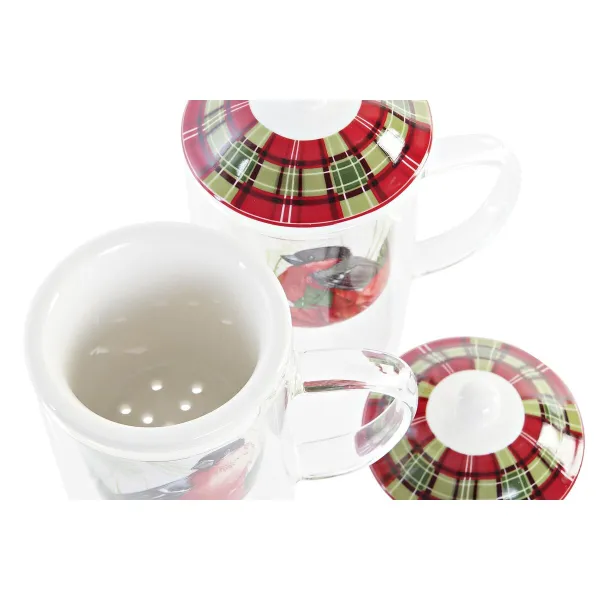 Puodelis su sieteliu DKD Home Decor Paukštis Stiklas Porcelianas Raudona (300 ml) (2 vnt.)