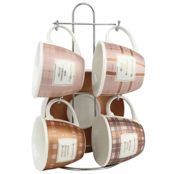 Osainen kahvikuppisetti DKD Home Decor Valkoinen Ruskea Pinkki Metalli Posliini 210 ml