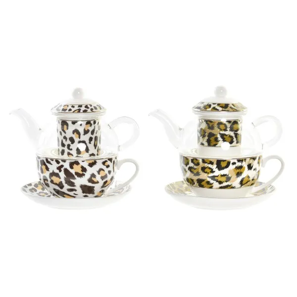 Tējkanna DKD Home Decor Leoparda Stikls Porcelāns Brūns Caurspīdīgs Balts (2 gb.)