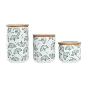 3 purkkia DKD Home Decor Luonnollinen Valkoinen Vihreä Bambu Kivitavara Trooppinen 10 x 10 x 17 cm