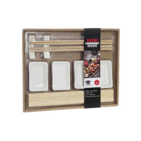 Sushisetti DKD Home Decor Metalli Bambu Valkoinen Luonnollinen Itämainen 30 x 40 cm 28 x 22 x 2,5 cm (9 Kappaletta)